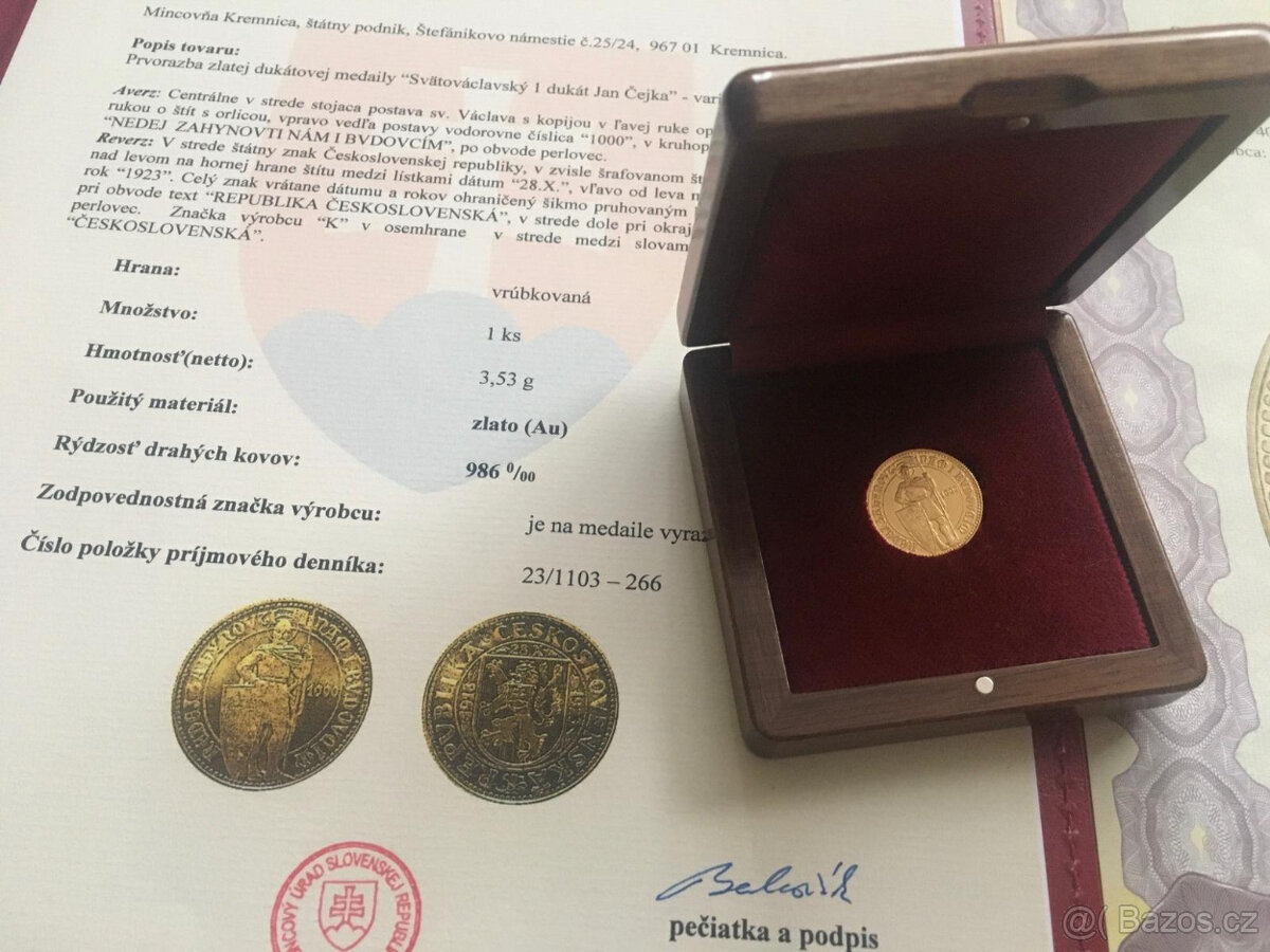 Dukát svatý Václav, autor J. Čejka, emise 2023, Kremnica