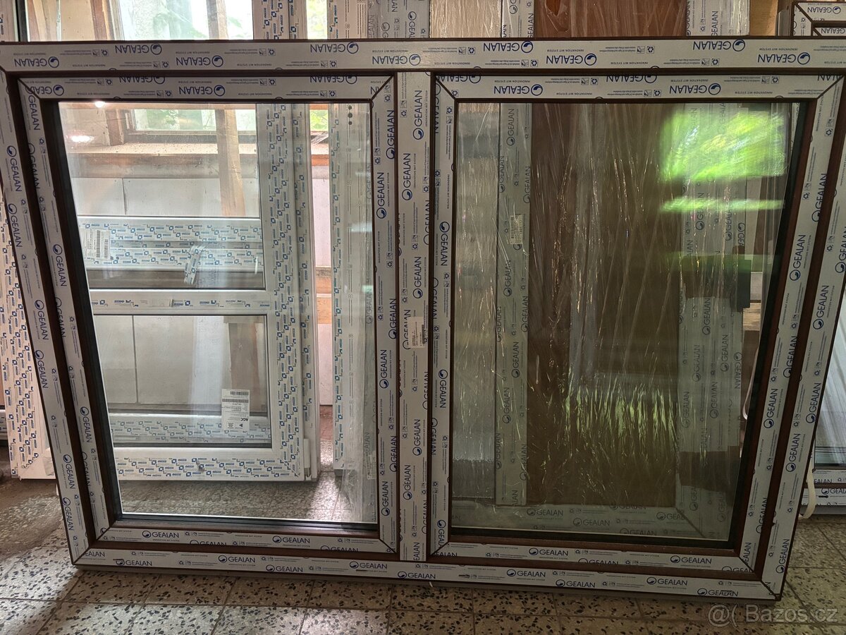 Okno PVC Gealan 1820x1470MM, nové, trojsklo, ořech
