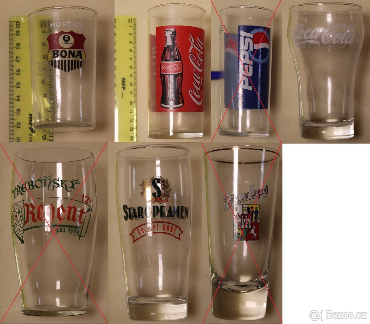 Retro sklenice od hořčice, Coca Cola a pivní sklo