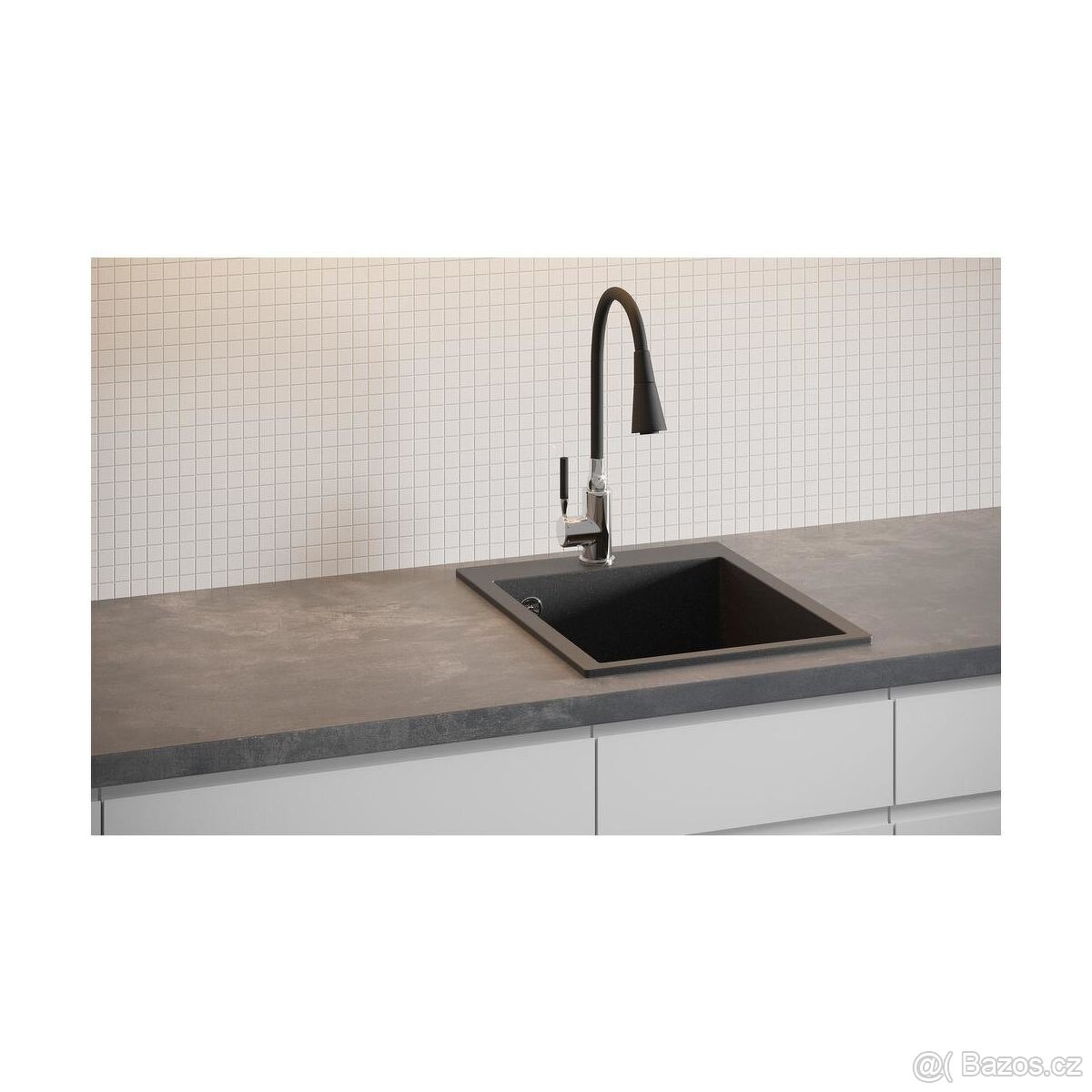 Granitový černý dřez Laveo+sifon+baterie se sprškou