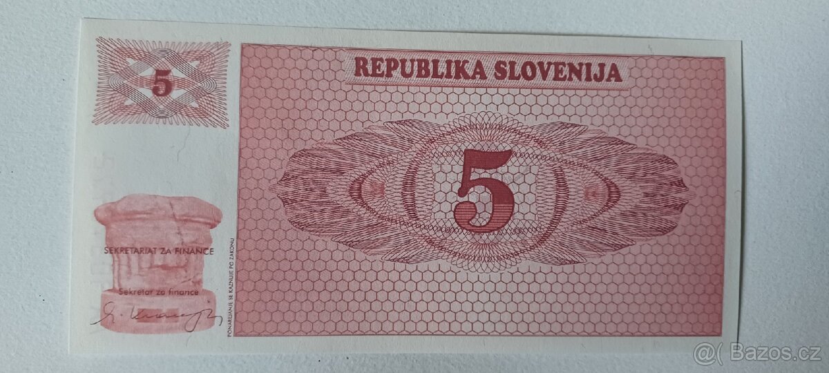 Slovinsko 5 tolarů tolarjev 1990 UNC první série
