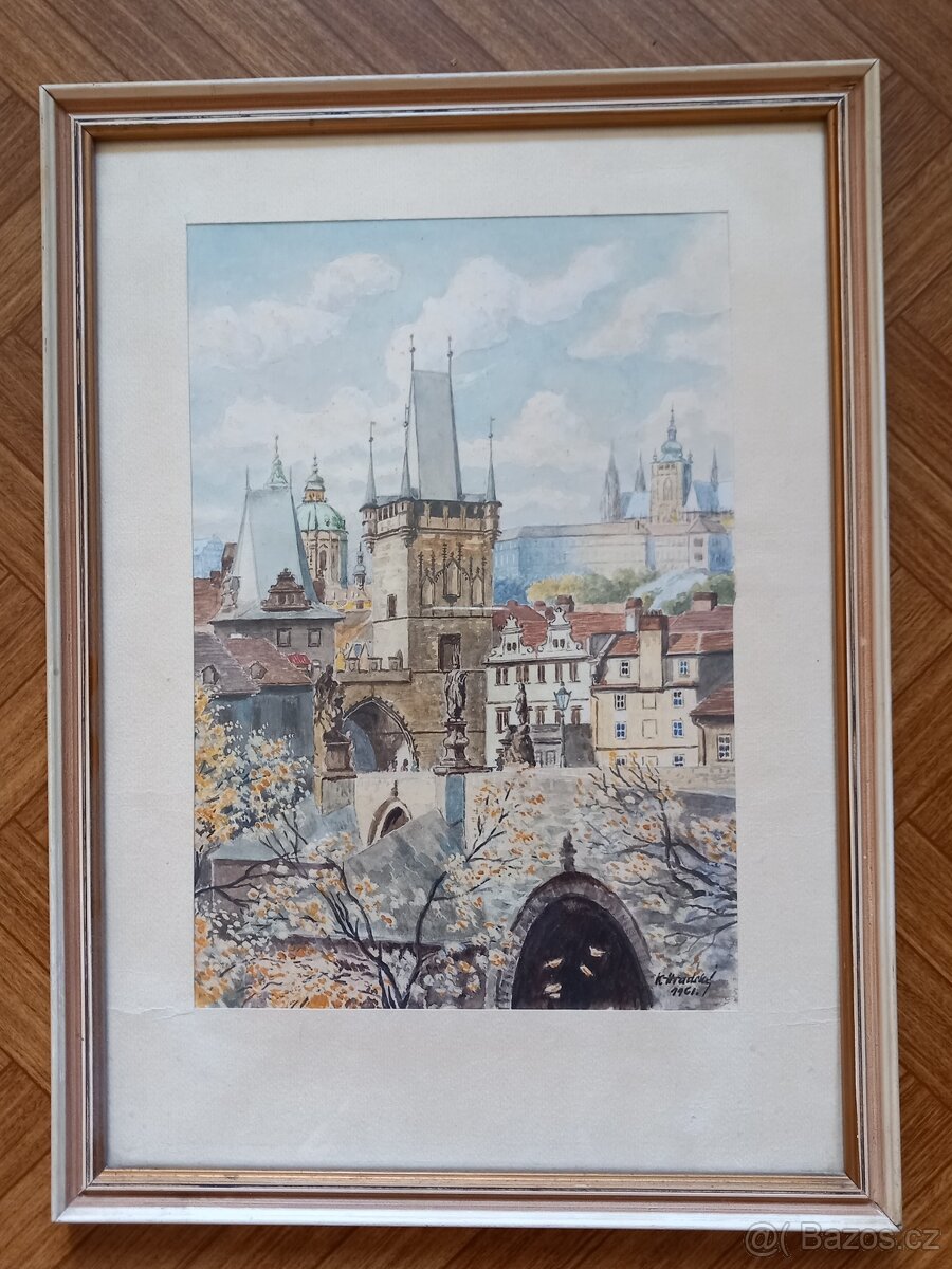 Nástěnný obraz Praha v dřevěném rámu K. HRÁDSKÝ