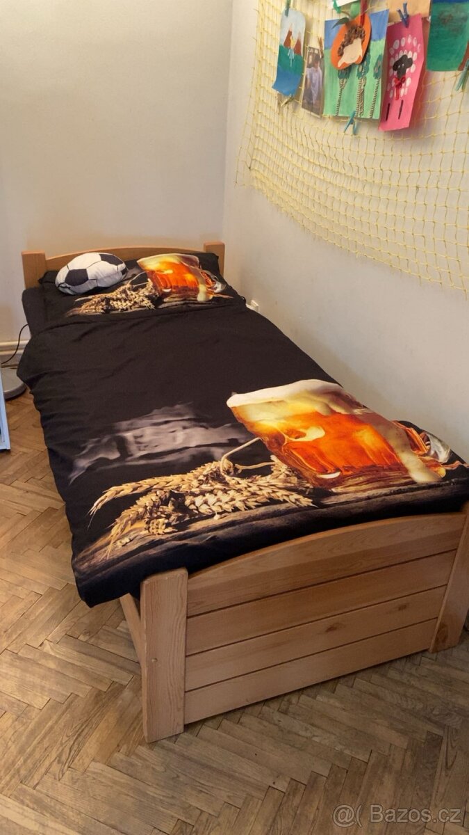Dřevěná postel 200 x 90cm s úložným prostorem, dřevěný rošt