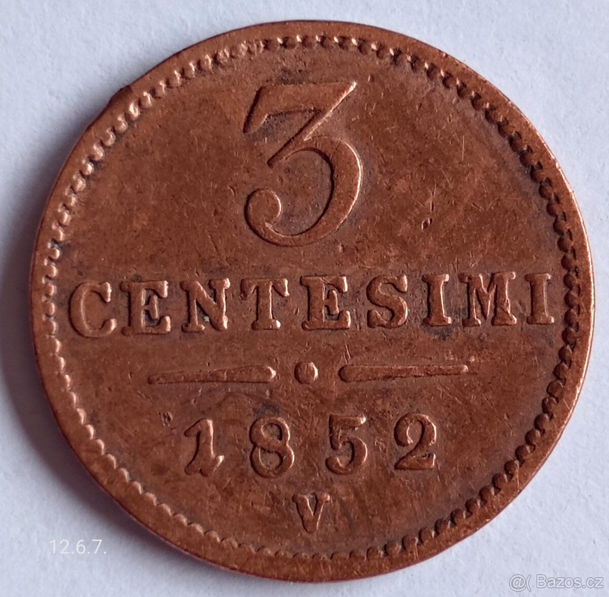 3 centesimi 1852 V František Josef I. Lombardsko- Benátsko