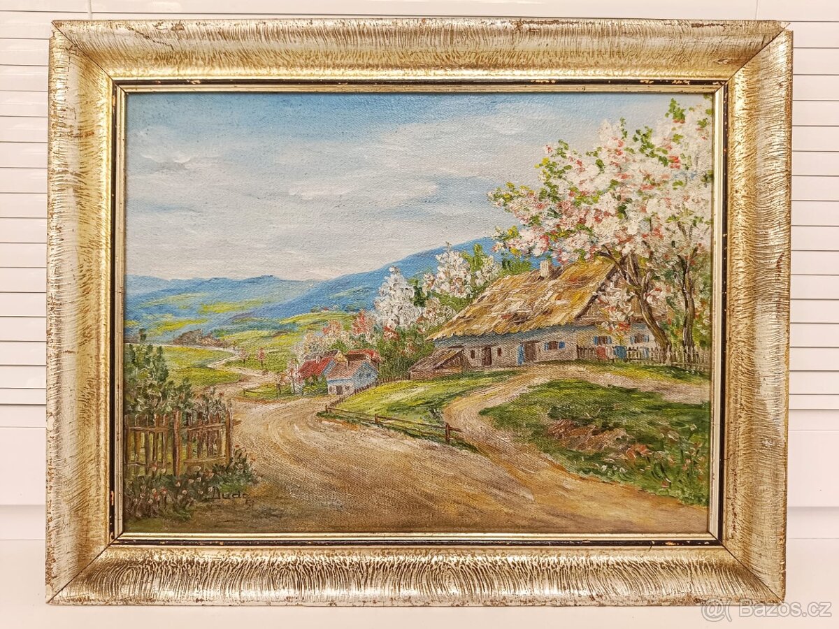 Obraz DUDA 1958, Valašské chalupy, olej na plátně 38x48