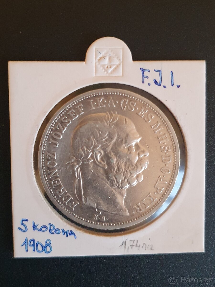 Stříbrná 5 koruna 1908