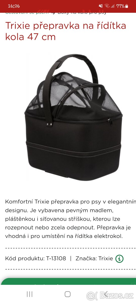 Přepravka na řidítka kola pro psy, Trixie