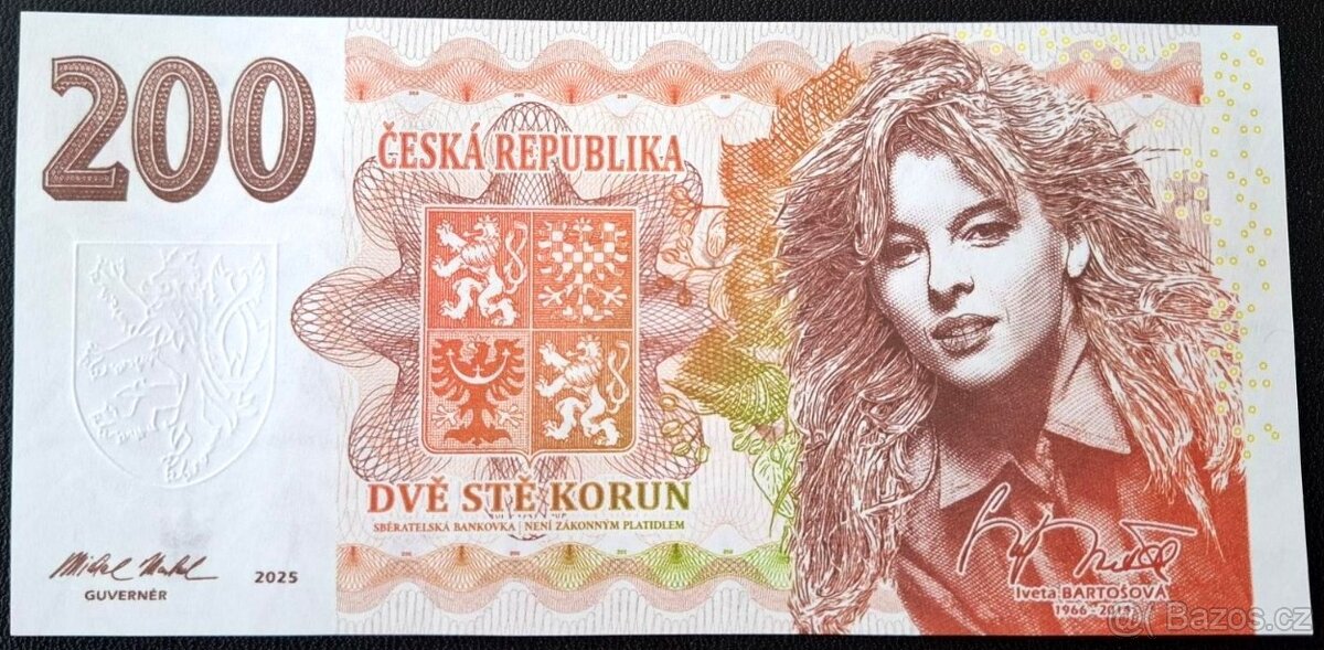 Bankovka 200 korun Iveta Bartošová, autor Franck Medina, UNC