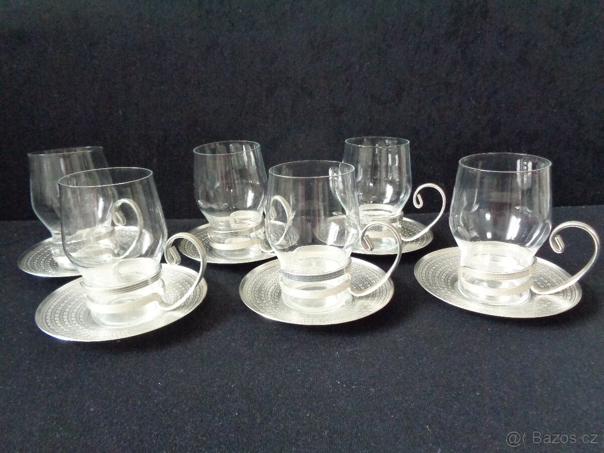 Skleněné hrníčky s podšálky - retro - 6 ks