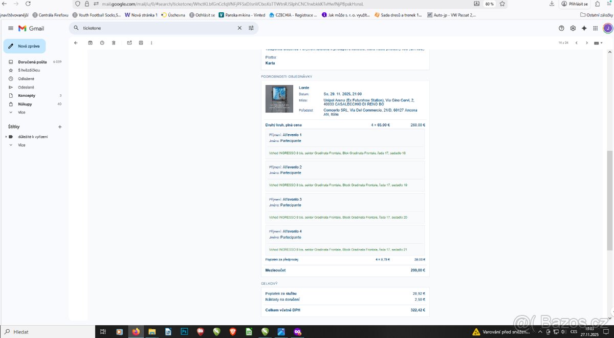 Prodám 4 vstupenky na sezení - na koncert LORDE - Boloňa