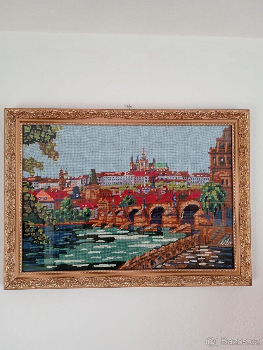Ručně vyšívaný obraz Prahy