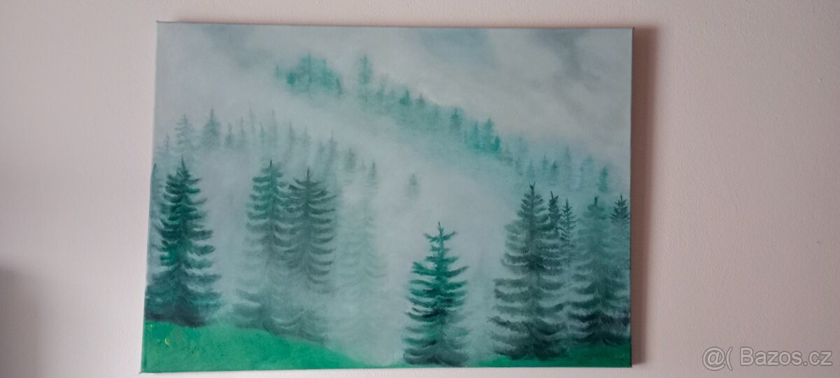 Prodám Originální obraz 50x70cm Mlha v lese
