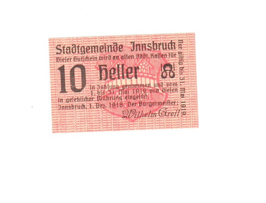 10 Heller Innsbruck,nouzová bankovka Rakousko 1919