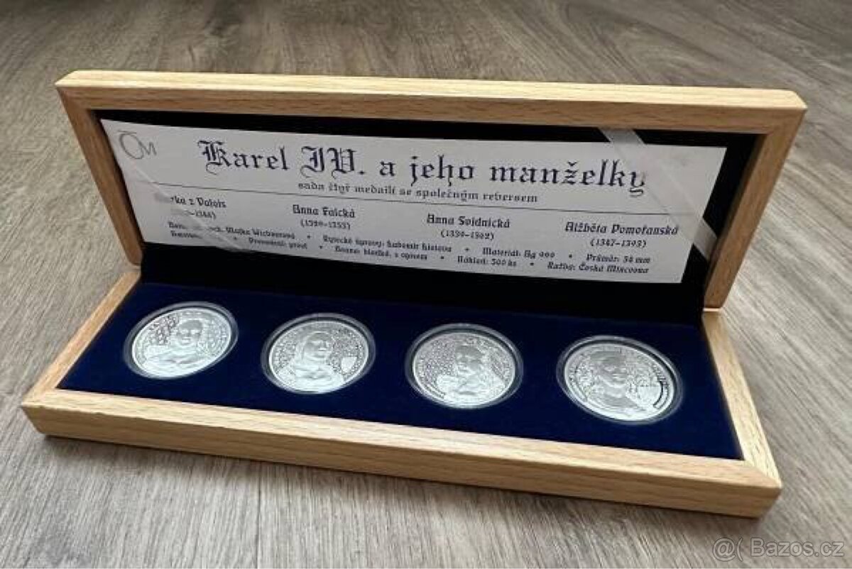 Sada 4 stříbrných medailí Karel IV. a jeho manželky PROOF
