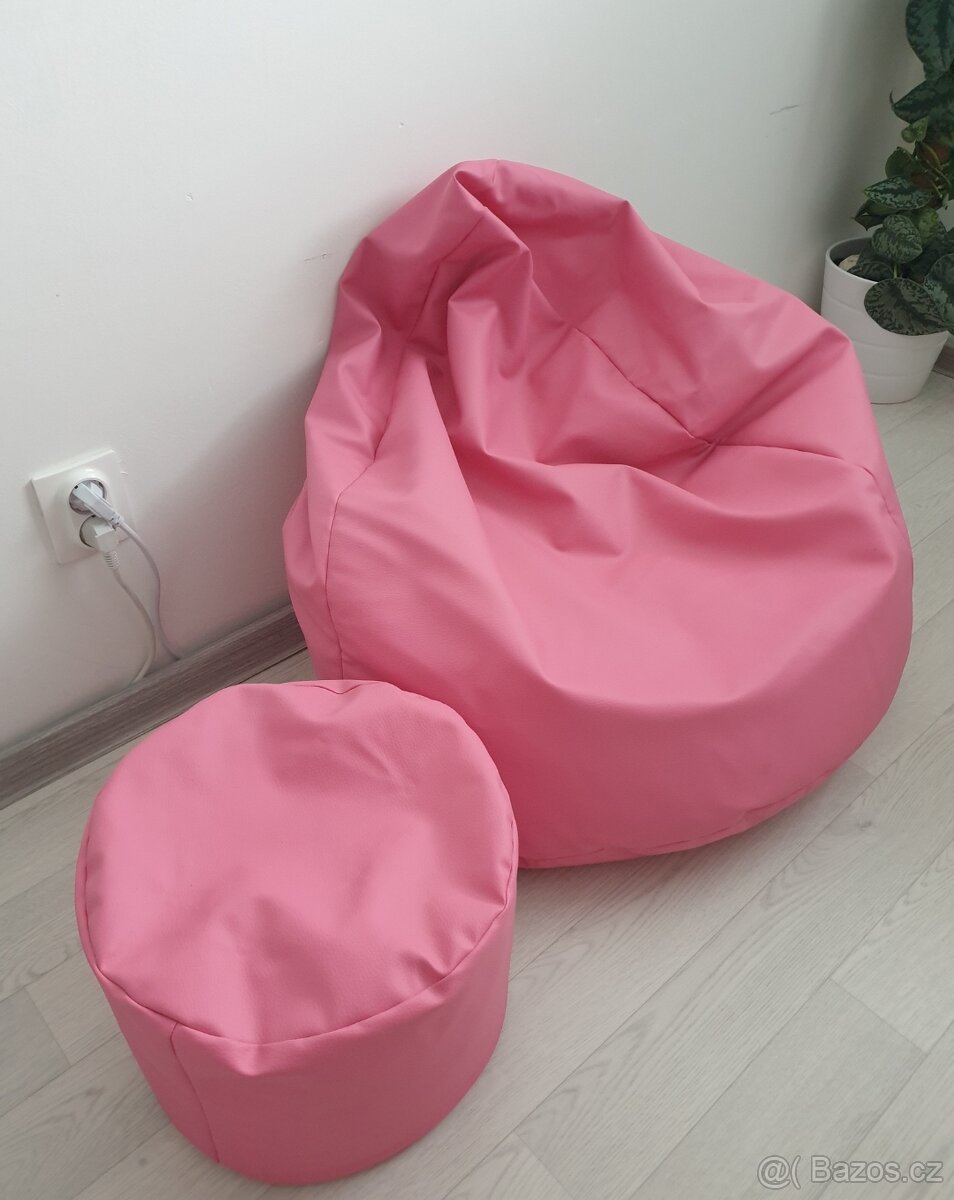 Sedací vak s taburetem eko kůže růžová