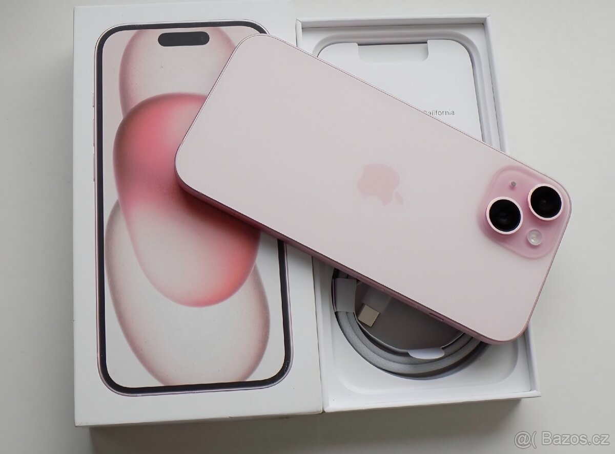 Iphone 15, 128GB,růžový, rok starý,záruka u T-mobile