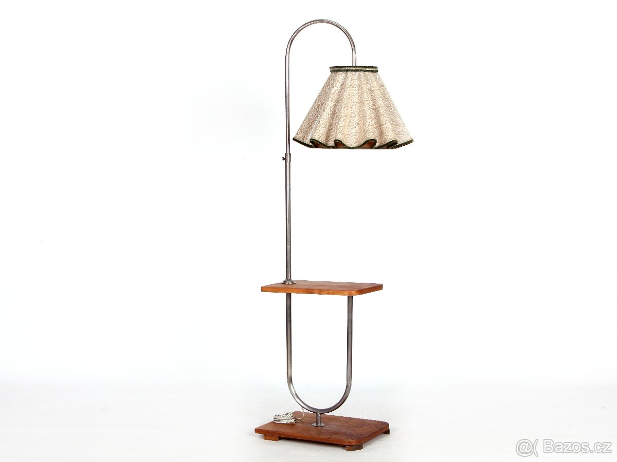 Podlahová starožitná lampa, chrom, ořech, 1930.