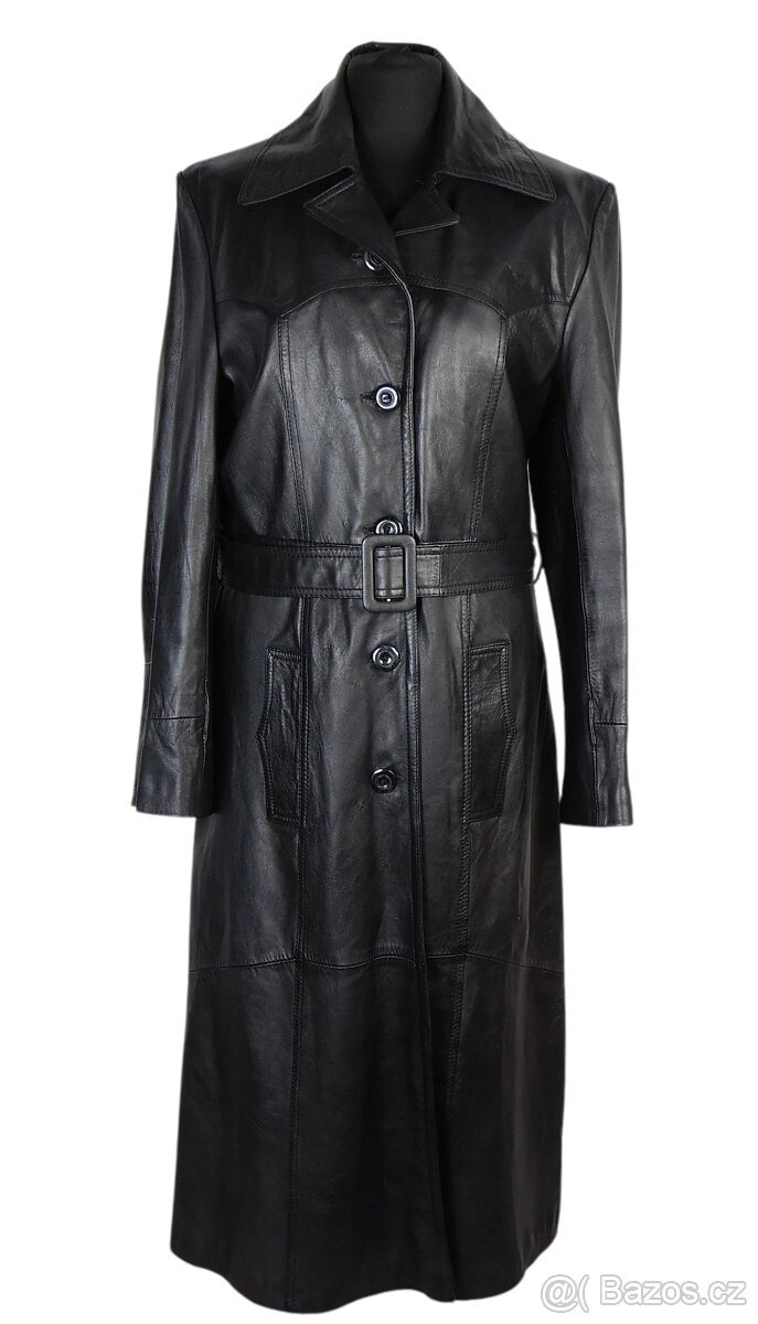 Kožený dámský měkký dlouhý kabát s páskem PEARL v. L