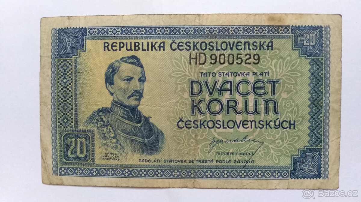 20 Korun, REPUBLIKA ČESKOSLOVENSKÁ, 1945, 9 ks