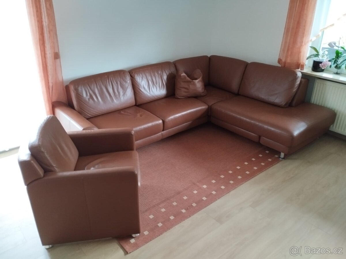 rohová, kožená sedací souprava, křeslo