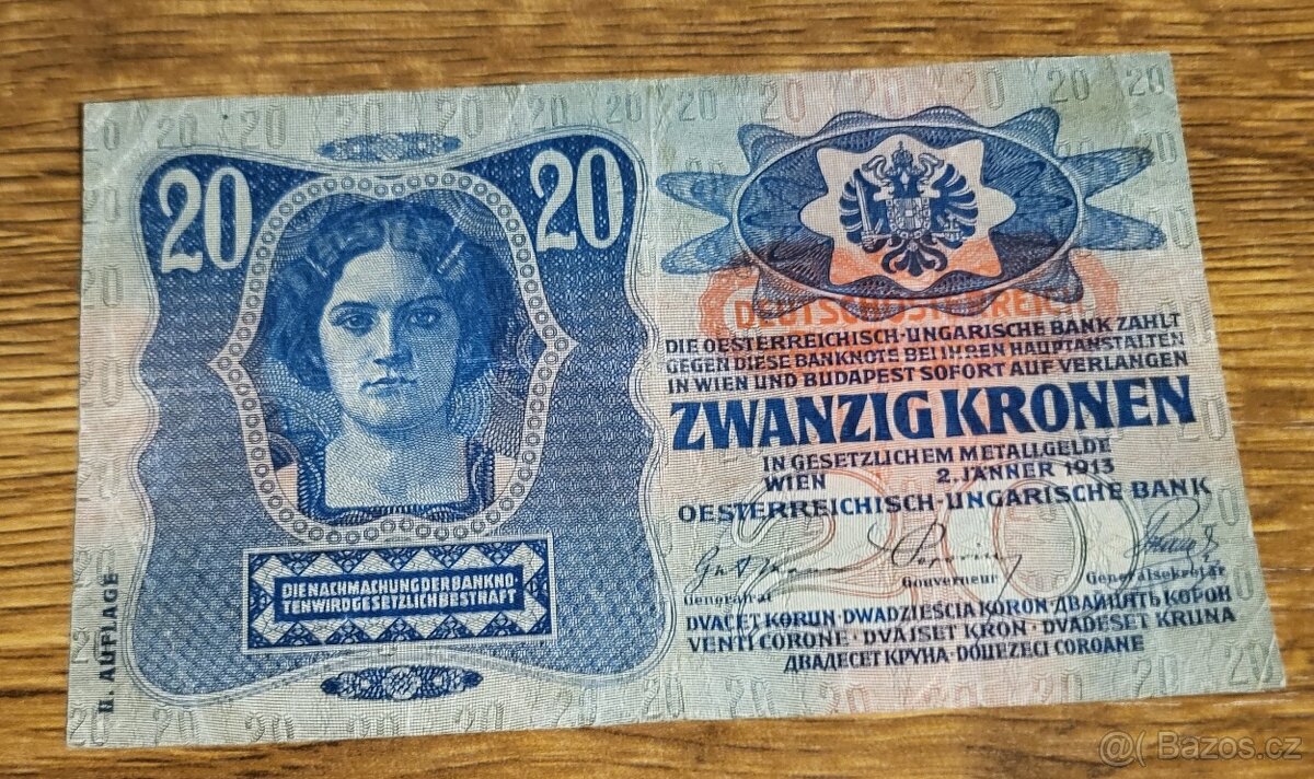 Bankovka 20 korun s přetiskem z roku 1913