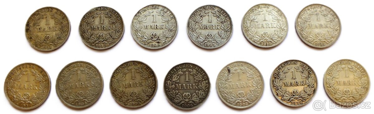 Německo-císařství,Wilhelm II.,soubor 13 ks 1 marek,Ag 900