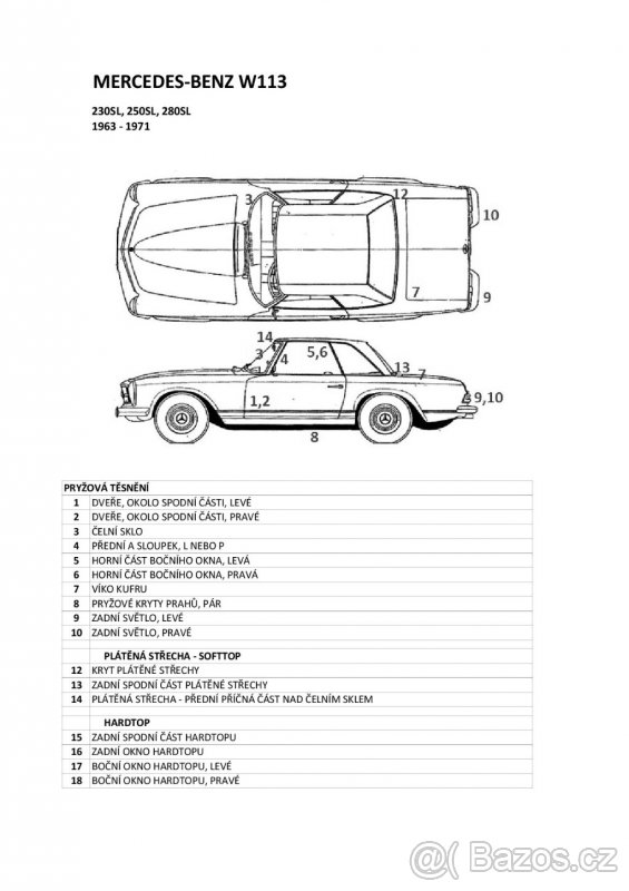 Mercedes-Benz W113 Pagoda - Těsnící Gumy