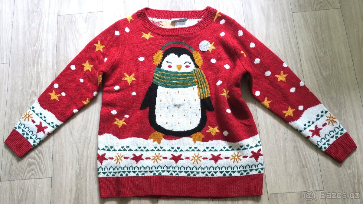Vánoční svetr s tučňákem - nový, bliká, hraje vel. M