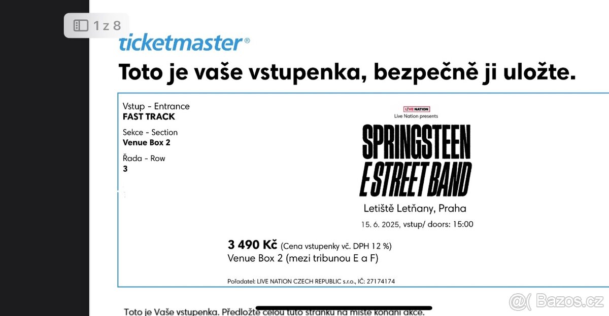 2× Bruce Springsteen Letňany – catering, sezení, FAST TRACK