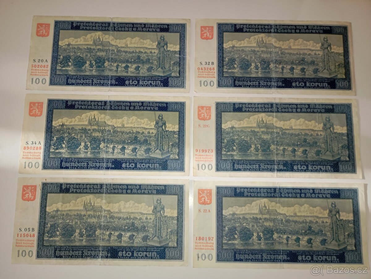 BANKOVKY 100 KČ, 1940, RŮZNÉ SÉRIE, VŠE NEPERFOROVANÉ