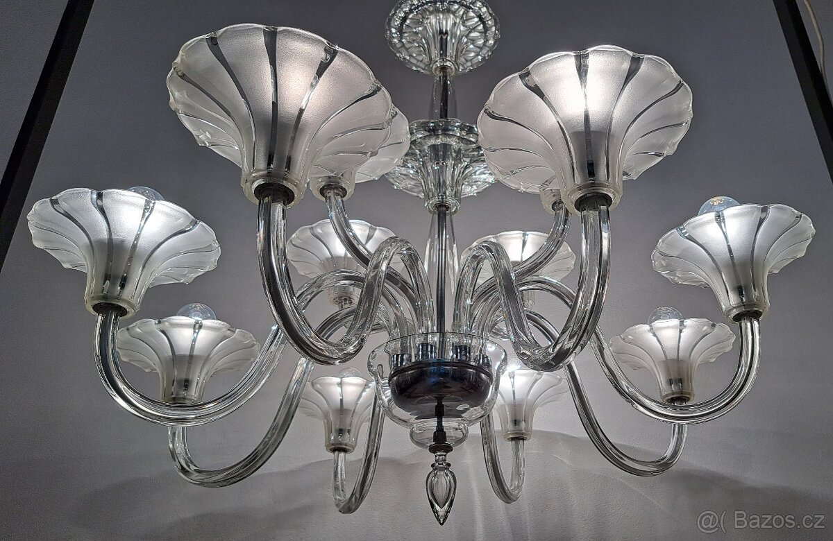 Starožitný Art Deco celoskleněný lustr.