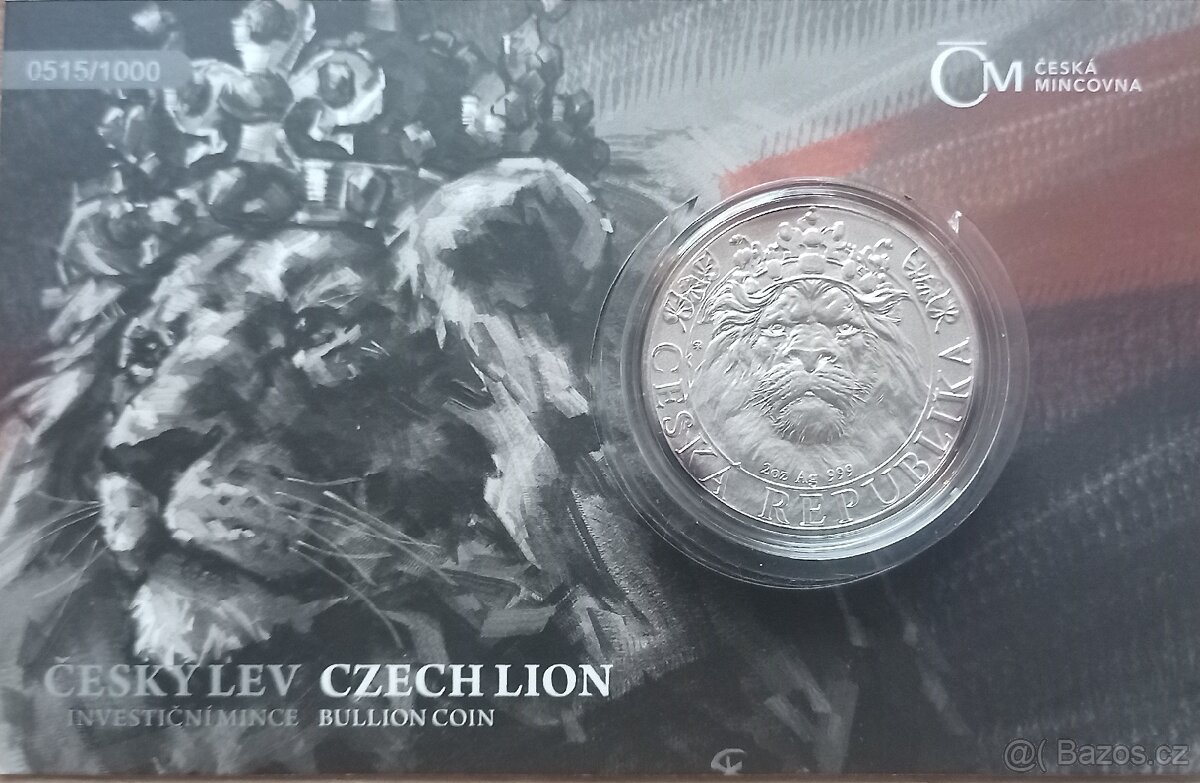 Stříbrná 2OZ mince Český lev 2022 standard číslovaná