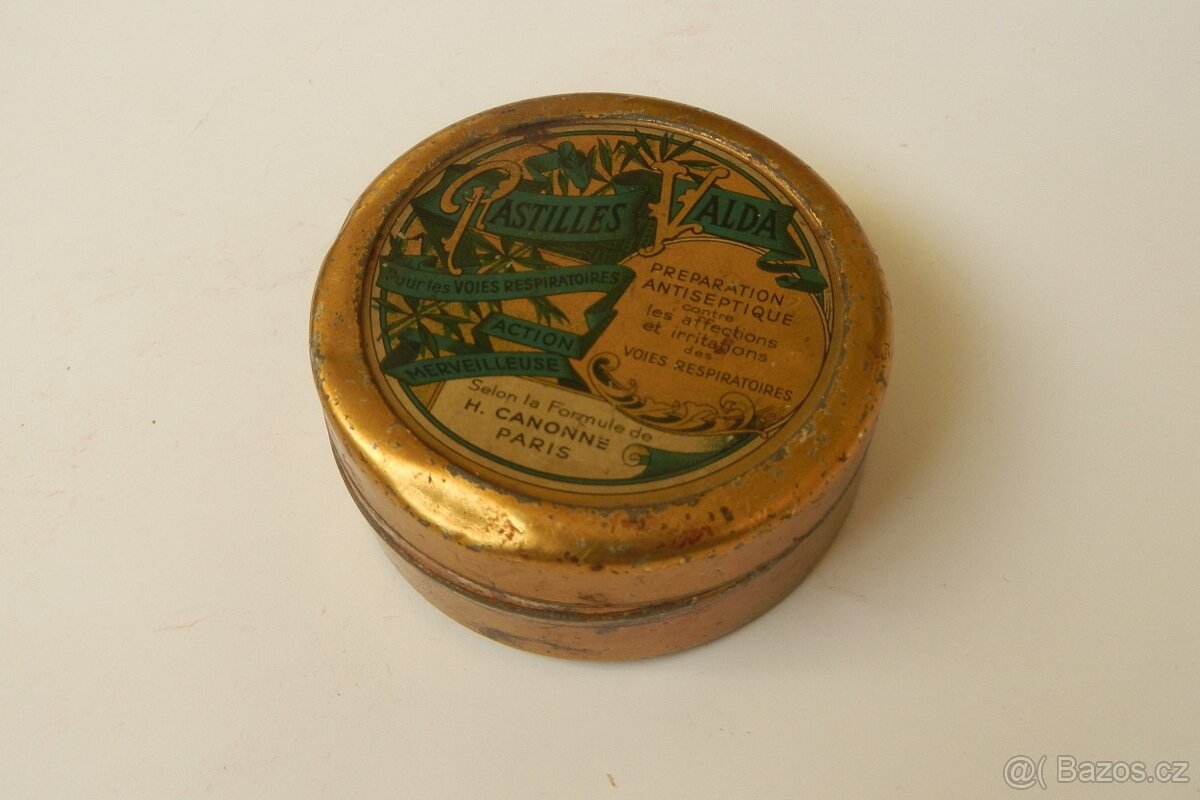 Starožitná plechová krabička Pastilles Valda