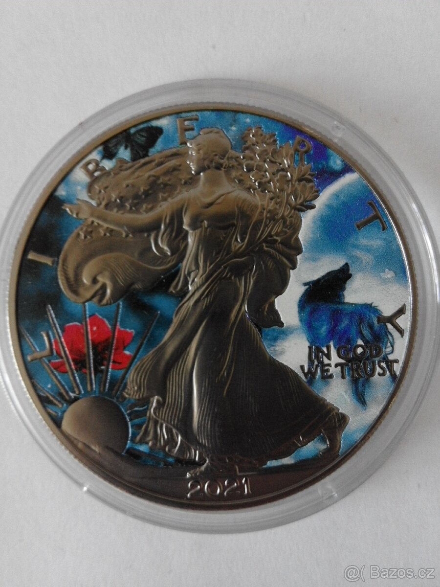 Stříbrná , číslovaná ,kolorovaná mince vlk, 1 oz