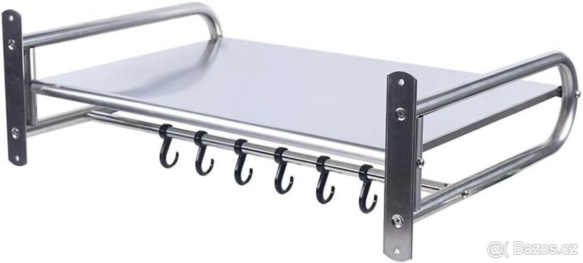 Nerezová nástěnná polička pod mikrovlnku s 6 háčky, 53×38×18