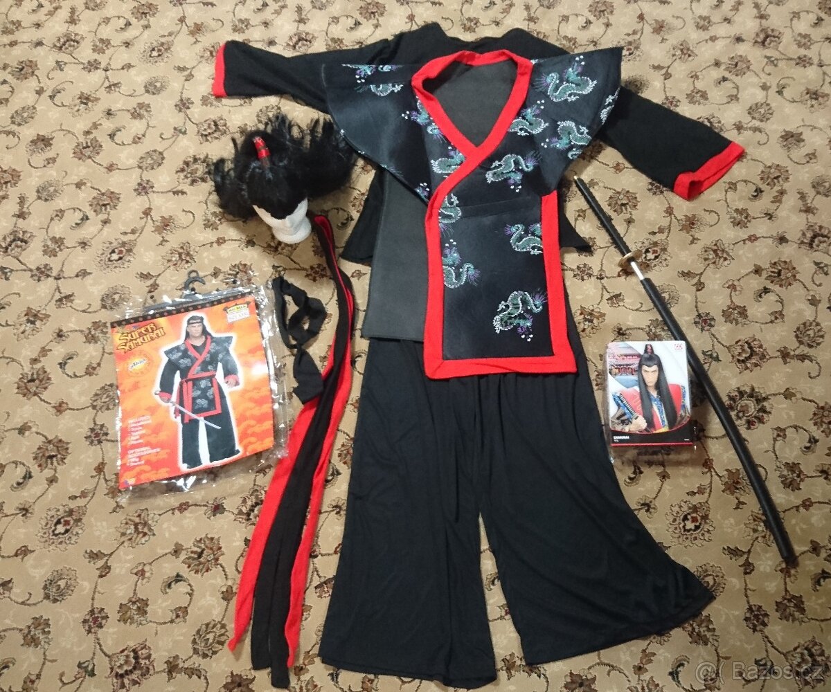 Kostým pro dospělé samurai XXL, paruka samurai, meč