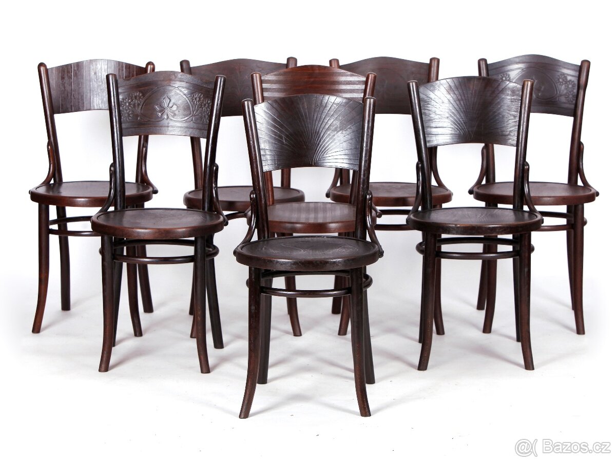 Prvorepublikové židle MIX, Thonet, Fischel, Mundus, 8 ks