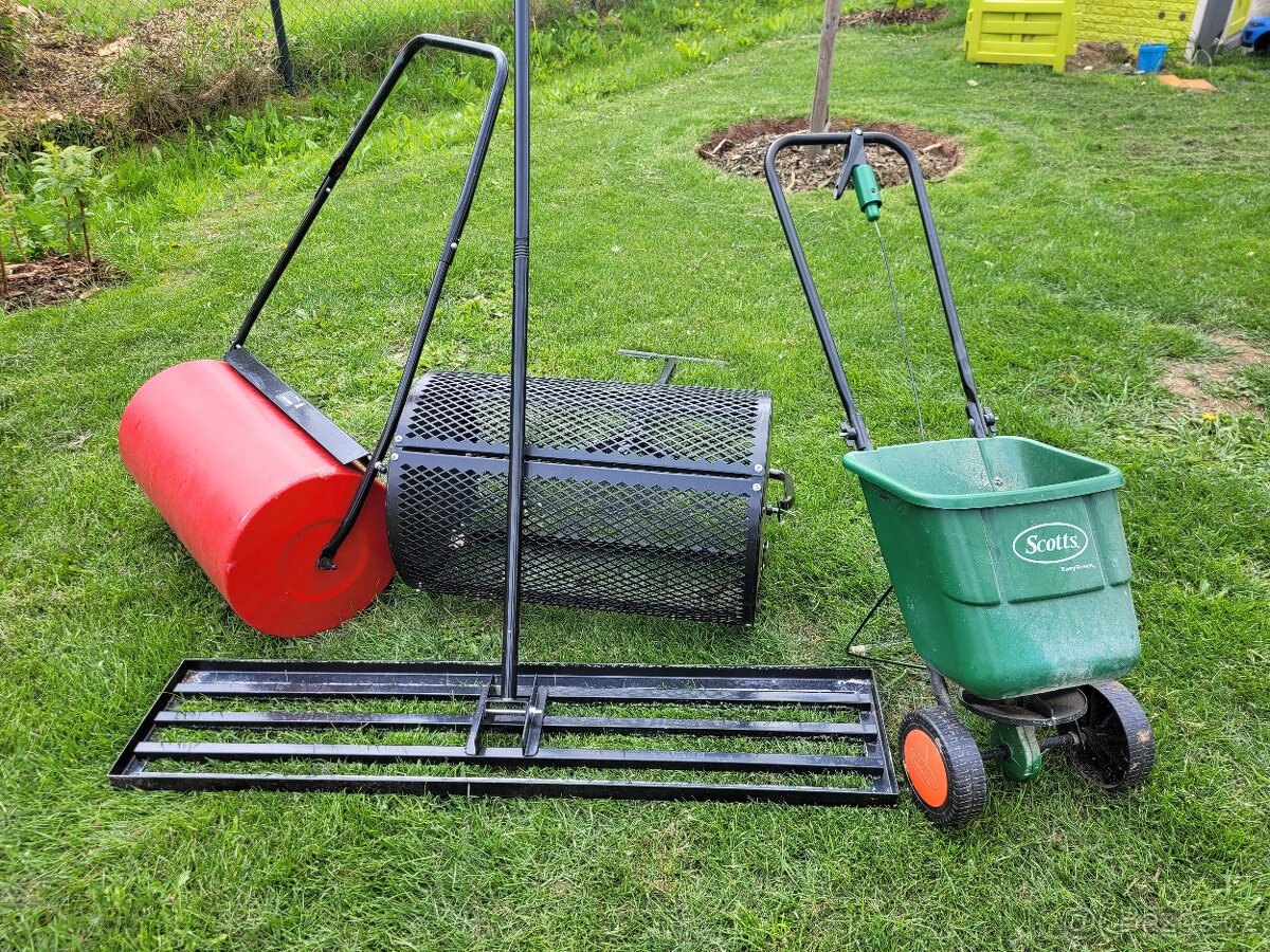 Zahradní válec, nivelační hrábě, secí vozík, válec na substr