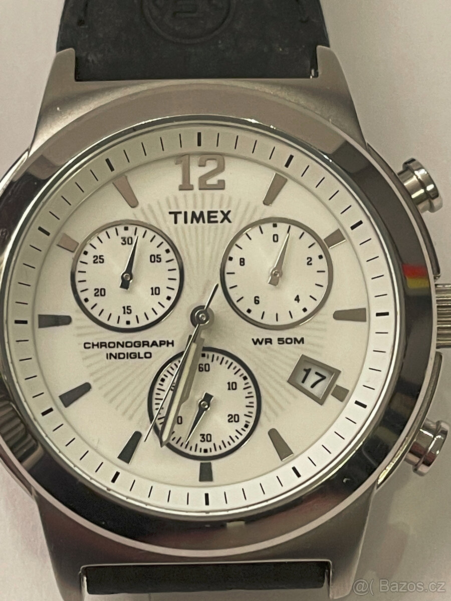 Chronograph Timex, 50m voděodolný, čiselník 4cm, kožený páse