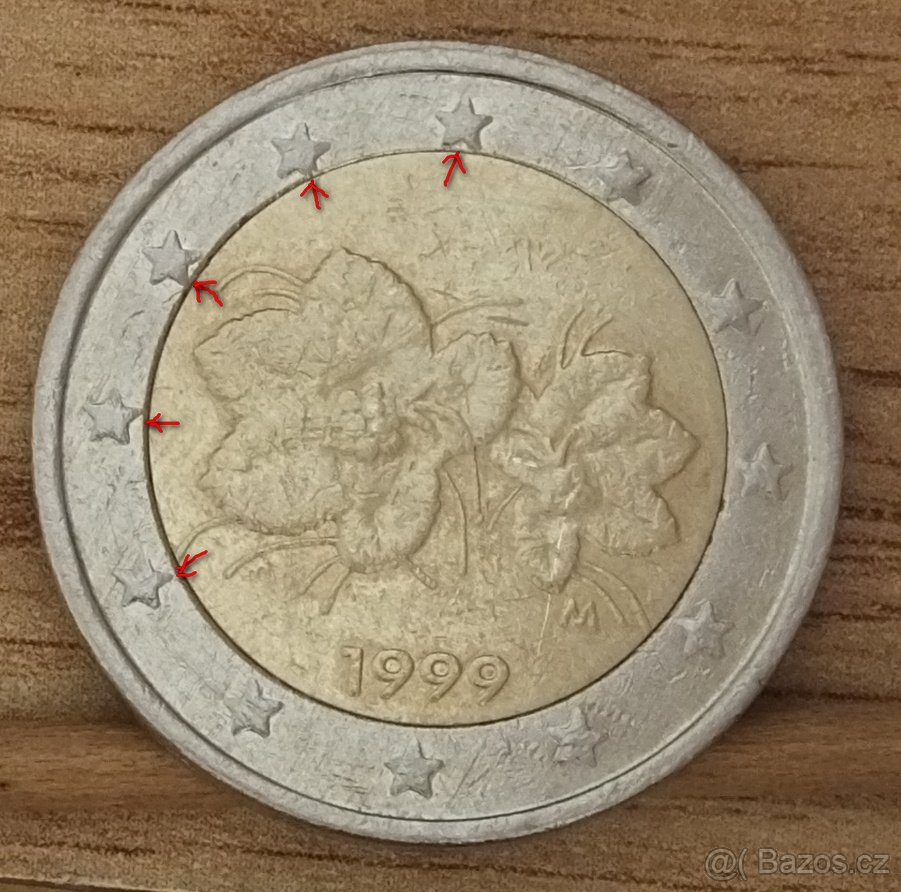 2 Euro 1999 Finsko pšeničnoražba ,hviezdy asymetricky.