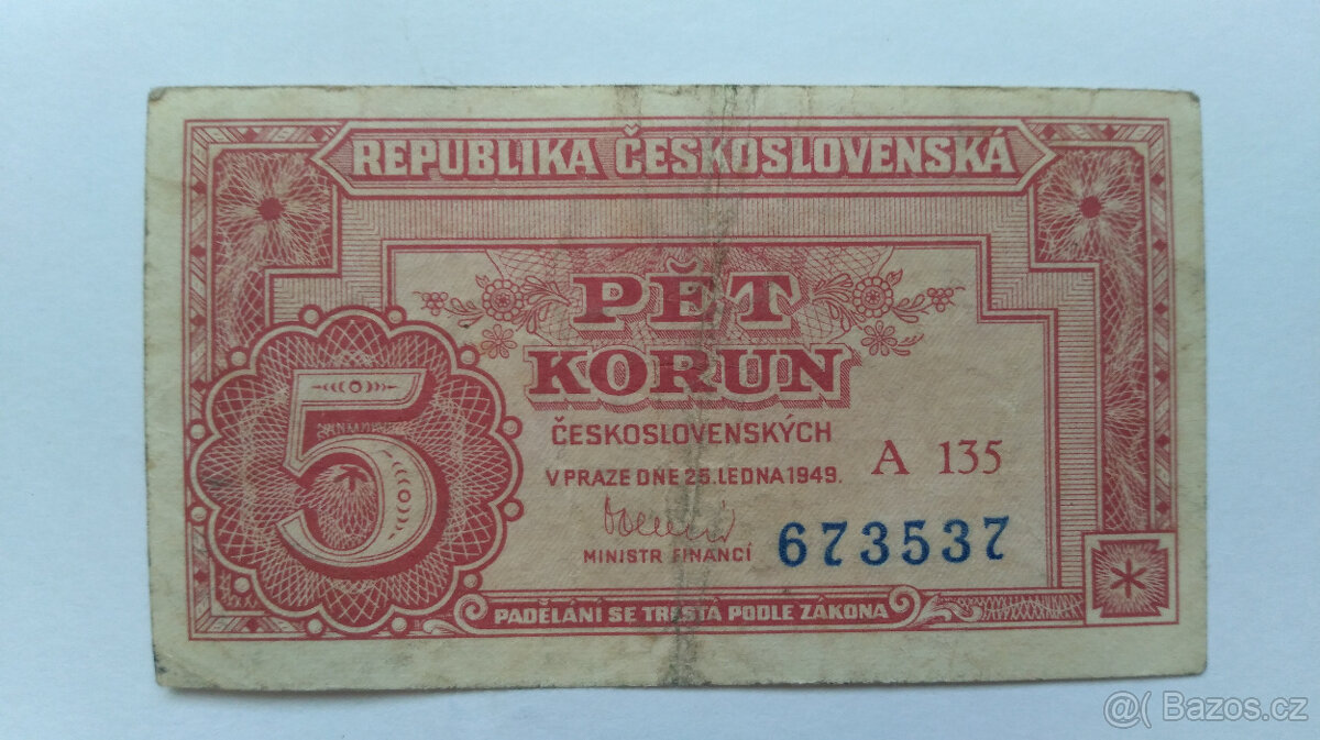 5 Korun, 1949, REPUBLIKA ČESKOSLOVENSKÁ, 8 kusů