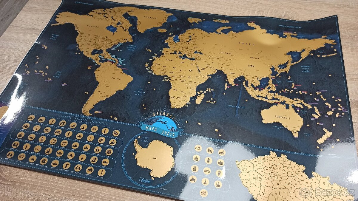 VELKÁ ZLATÁ STÍRACÍ MAPA SVĚTA - NEPOUŽITÁ