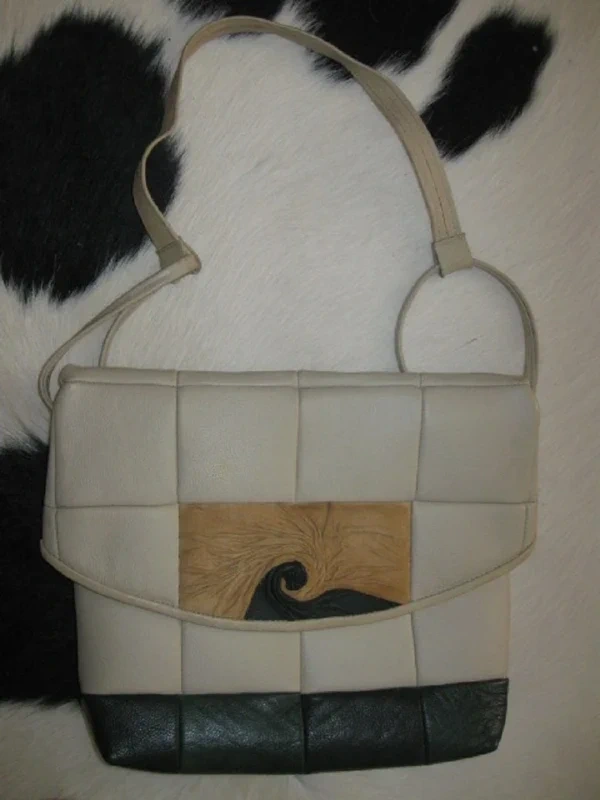 originální prošívaná velká kožená kabelka krémovo-zelená