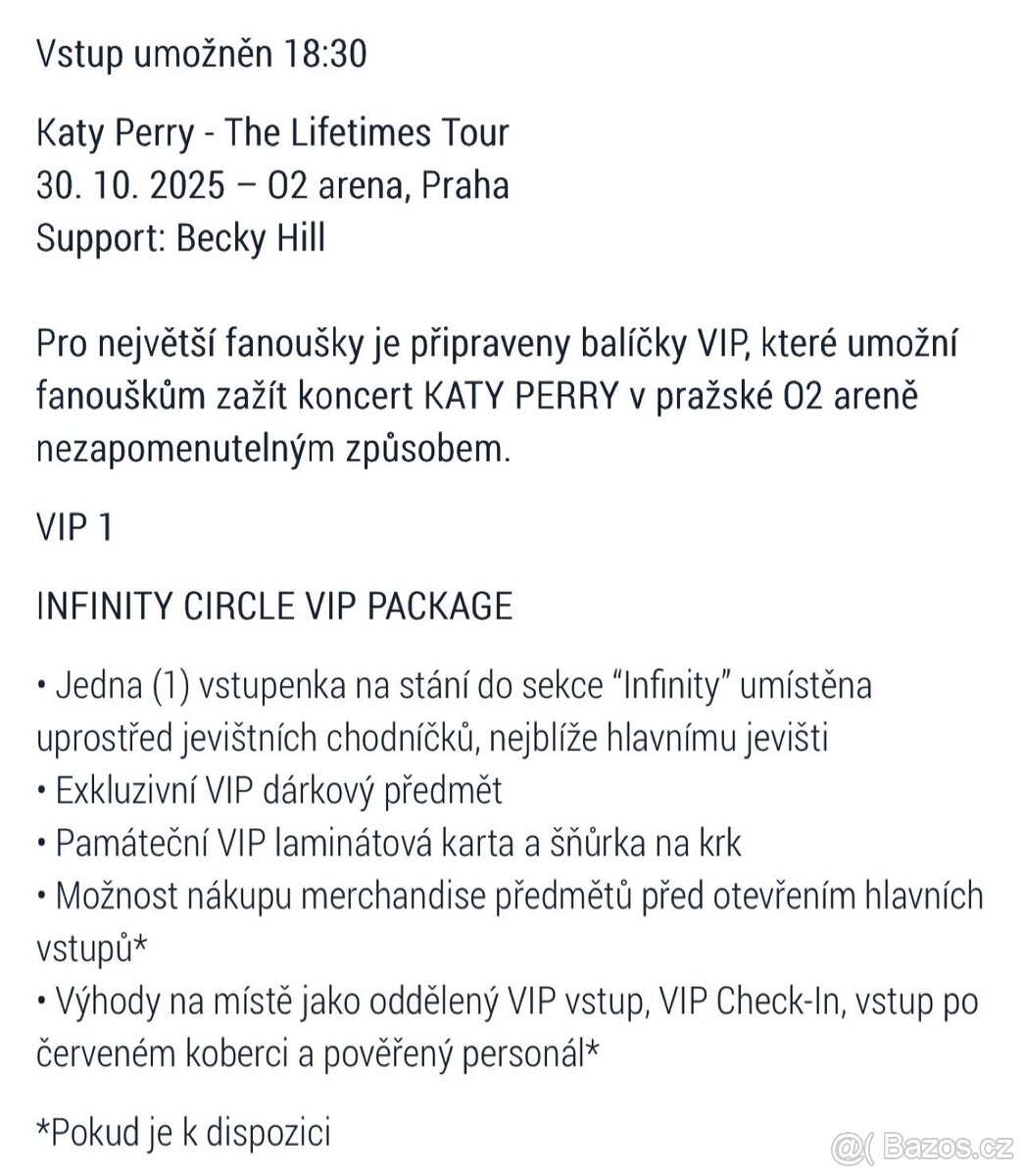 KATY PERRY (4 vstupenky) Vip1 VIP package.