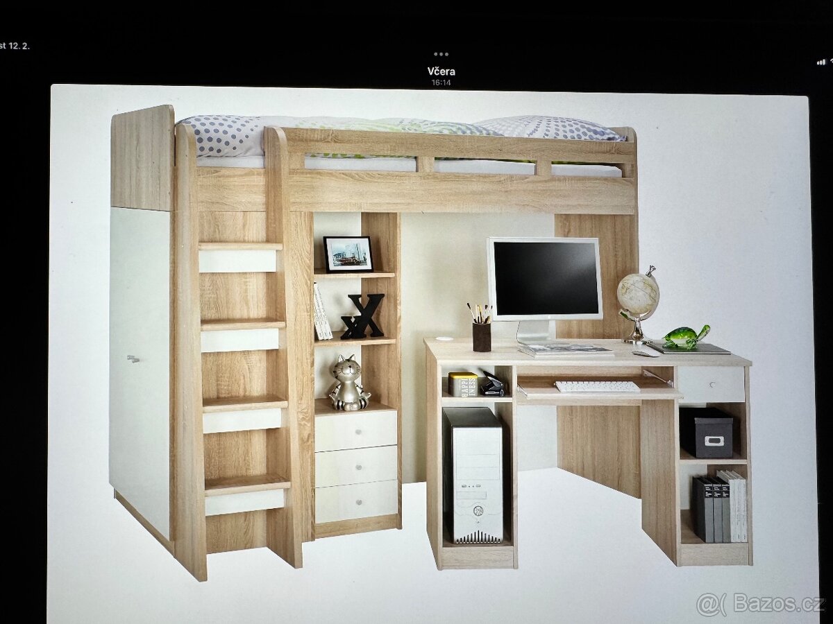 Patrová postel,ps.stůl,regál a skříň v jednom+knihovna