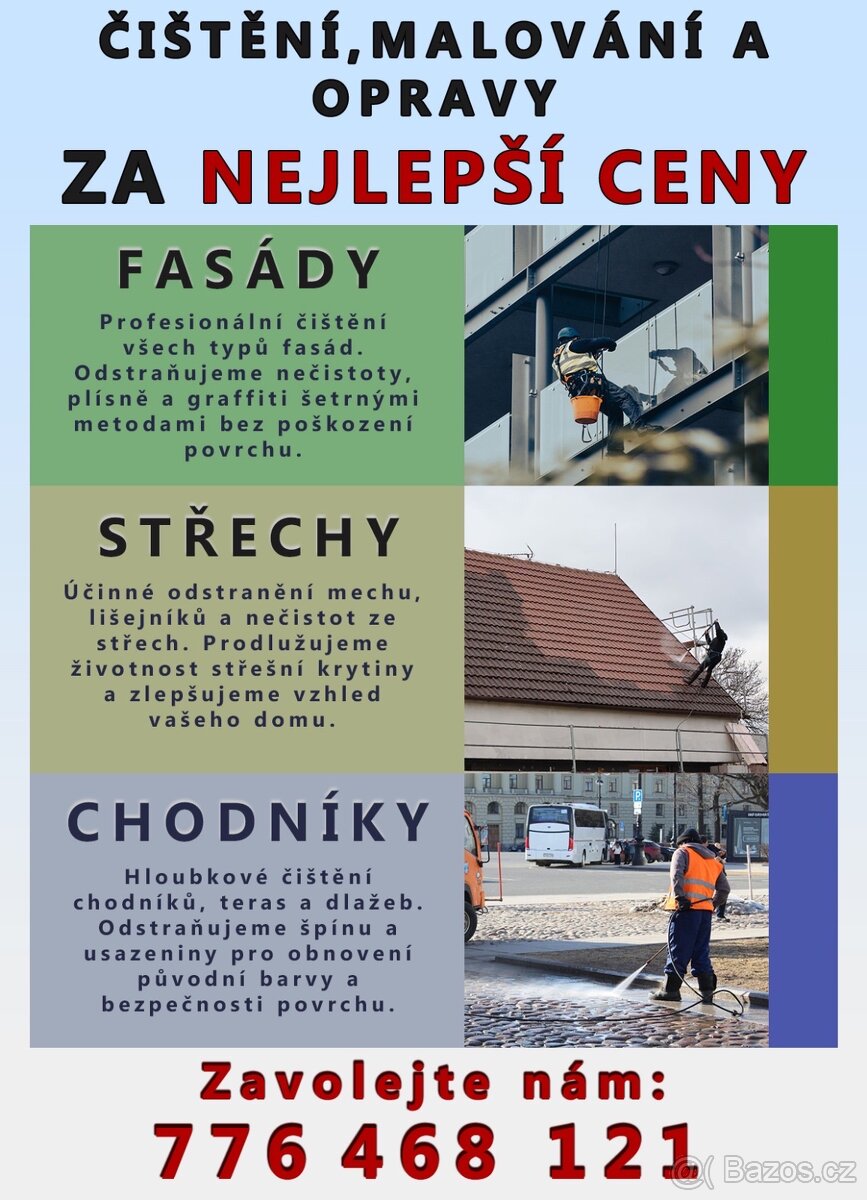 Čištění a malování fasad, střech a chodníku