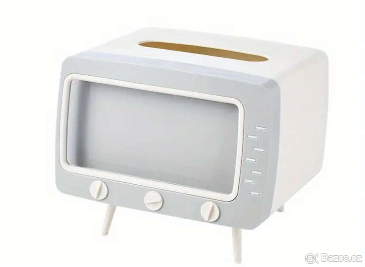 Šedý držák na mobil a ubrousky ve tvaru TV