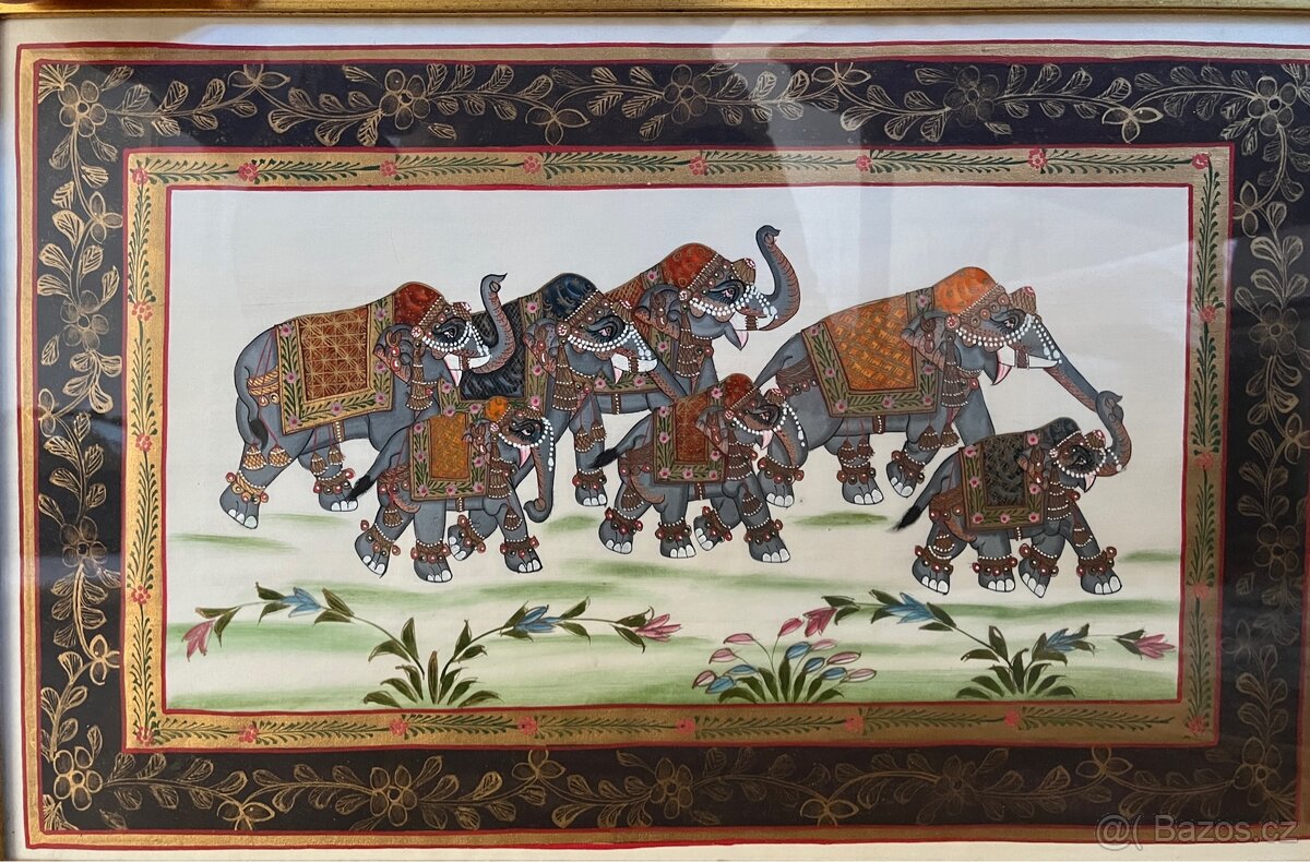 Indický obraz slonů - hedvábí