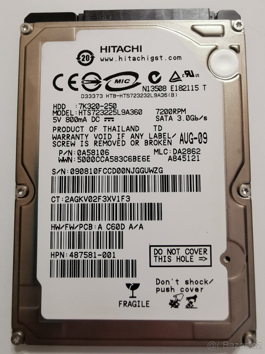 HITACHI HTS723225L9A360, 2.5", 250GB, SATA 3