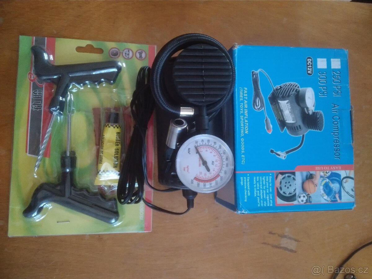 Opravná sada na pneu s lepidlem a kompresorem
